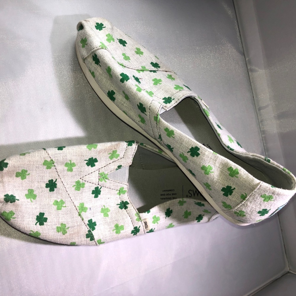 TOMS Womens 8 Shamrock Clover Print Classic Alpargata Slip On Shoes Green White